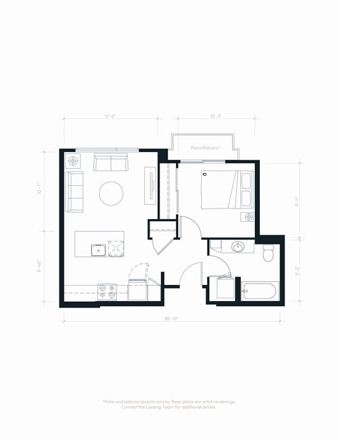 Floor plan for 1 bed, 1 bath, 538 sqft